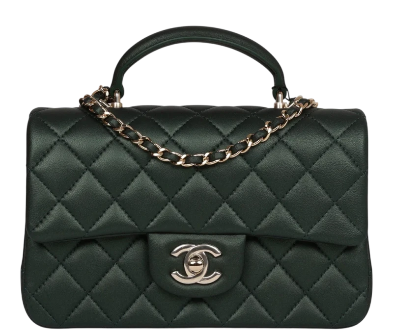 Chanel Mini Flap Bag with Top Handle Dark Green Lambskin Light Gold Hardware CPLTH 1