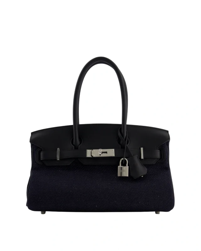 HERMÈS BIRKIN SHOULDER LIGHT 29 BAG IN BLEU INDIGO BLANC & NOIR TISSAGE JEAN PHW