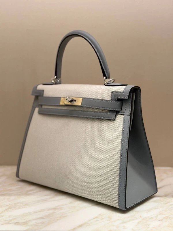 Hermès Kelly Sellier 28 T&C Toile/Veau Swift Ecru-Bleu K28Toile 3