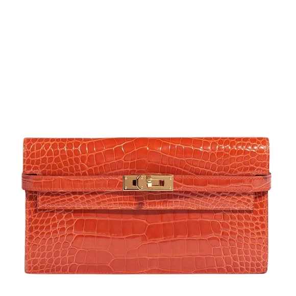 KELLY WALLET LONG 20 CROCODILE POROSUS ORANGE POPPY PHW