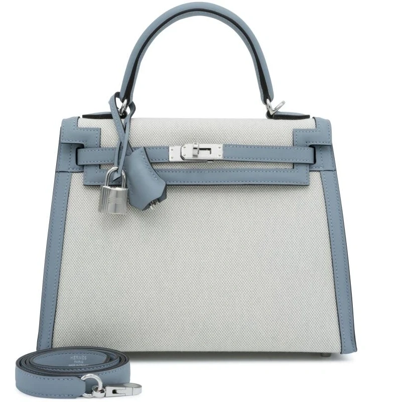 Hermès Kelly Sellier 28 T&C Toile/Veau Swift Ecru-Bleu K28Toile 1
