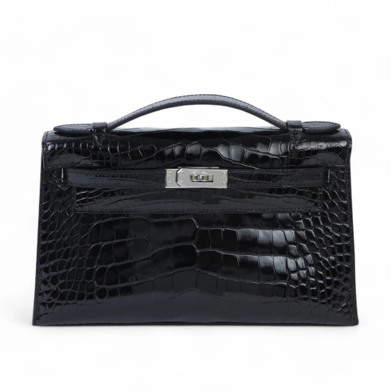 Hermès KELLY POCHETTE HSS ALLIGATOR MISSISSIPPIENSIS SHINY  NOIR/ WHITE INTERIOR PHW KPAN 1