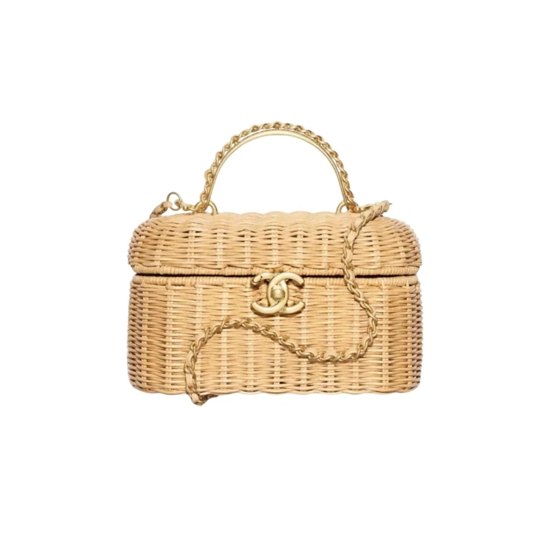 Vanity Case Braided Rattan Gold Tone Metal in Beige