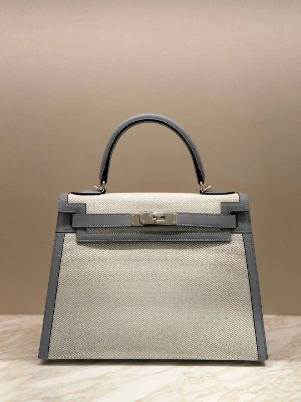 Hermès Kelly Sellier 28 T&C Toile/Veau Swift Ecru-Bleu K28Toile 2