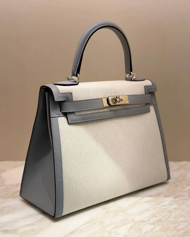 Hermès Kelly Sellier 28 T&C Toile/Veau Swift Ecru-Bleu K28Toile 4
