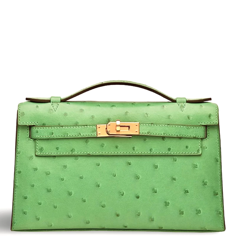 KELLY POCHETTE AUTRUCHE VERT YUCCA GHW