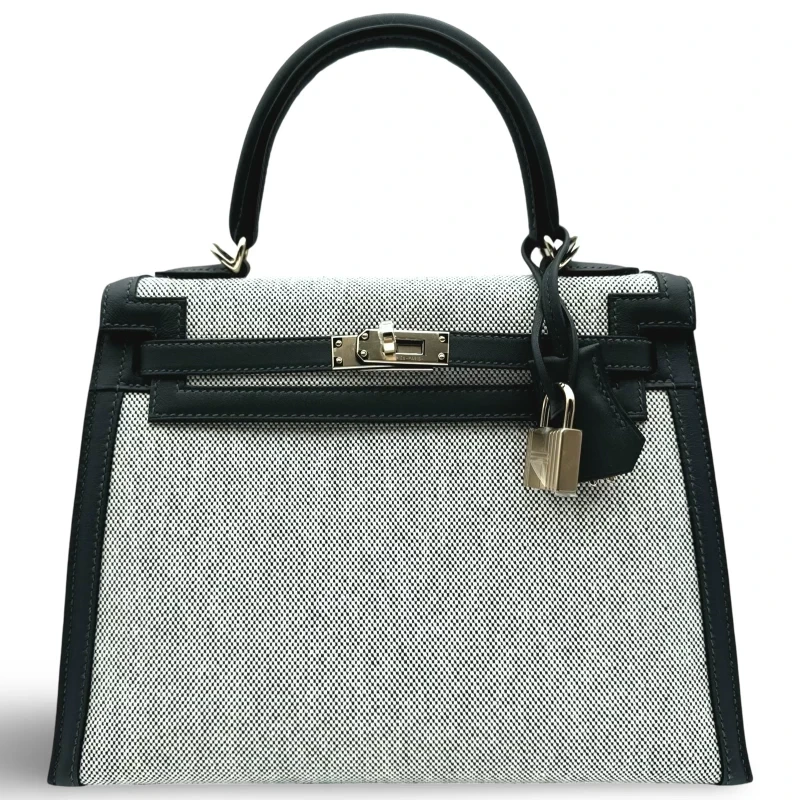 Kelly 25 T&C Toile/Veau Swift Ecru-Noir/Noir