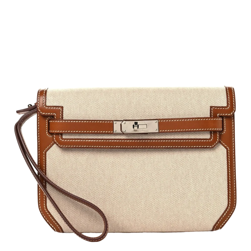 KELLY DEPECHES 25 TOILE H/VEAU TOGO ECRU-BEIGE/GOLD PHW