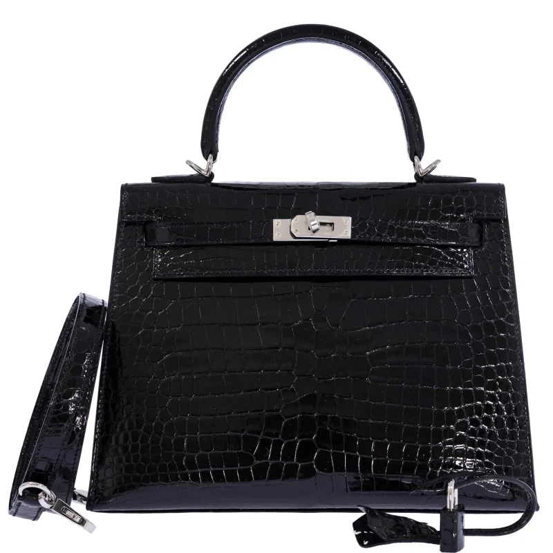 KELLY SELLIER 25 SHINY CROCODILE POROSUS NOIR PHW