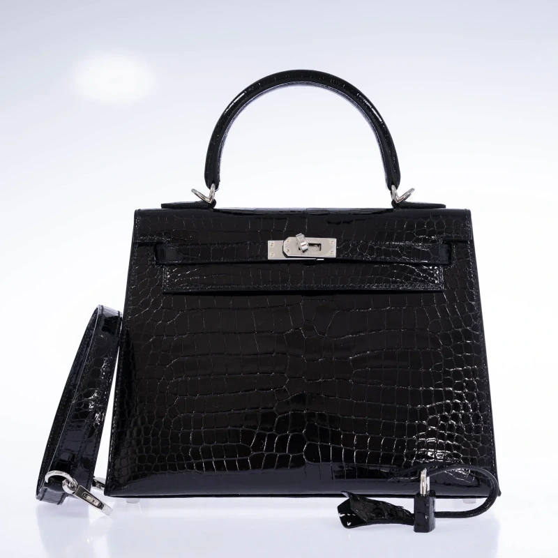 Hermès KELLY SELLIER 25 SHINY CROCODILE POROSUS NOIR PHW K25AN 2