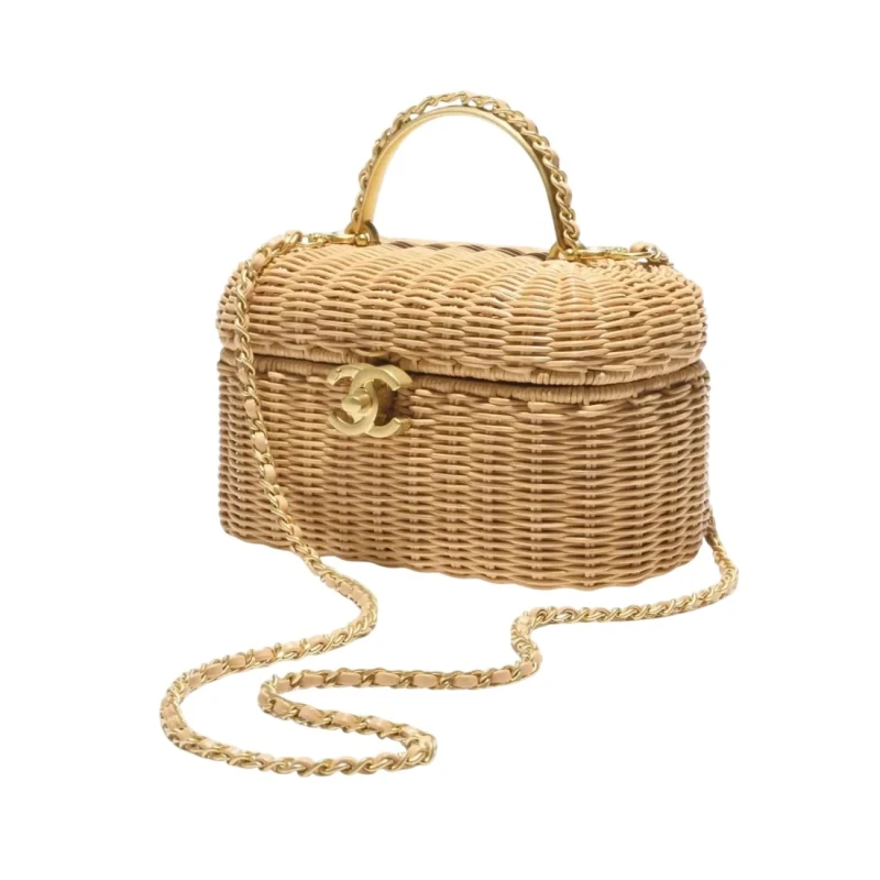 Chanel Vanity Case Braided Rattan Gold Tone Metal in Beige VCBRGTMB 2