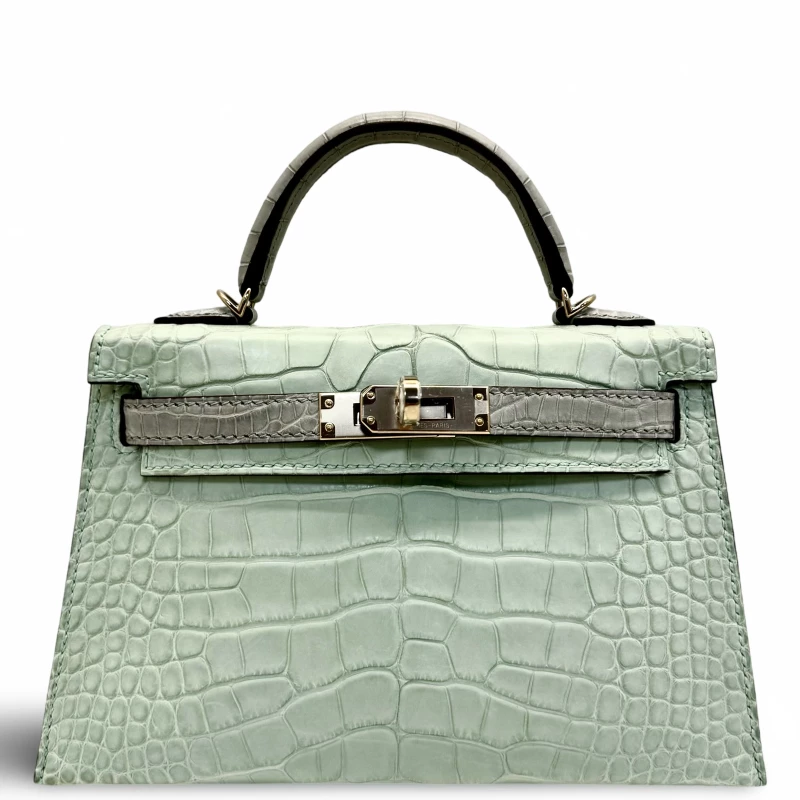 KELLY 20 MINI SPECIAL ORDER ALLIGATOR MATTE VERT D'EAU / GRIS PALE PHW