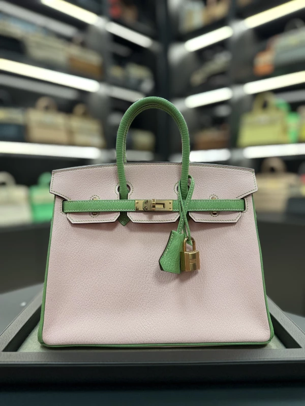 Hermès BIRKIN 25 HSS SPECIAL ORDER CHEVRE ROSE SAKURA VERT CRIQUET RGHW B25HSS 3