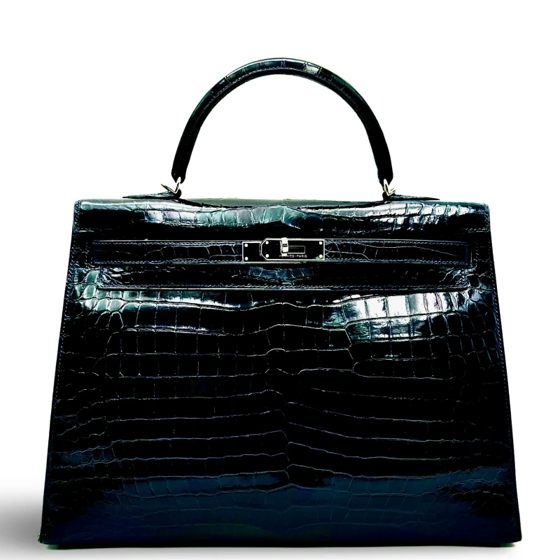 Hermès KELLY SELLIER 35 CROCODILE LISSE BLEU MARINE PHW K35CSBM