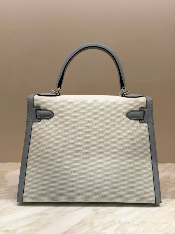 Hermès Kelly Sellier 28 T&C Toile/Veau Swift Ecru-Bleu K28Toile 5