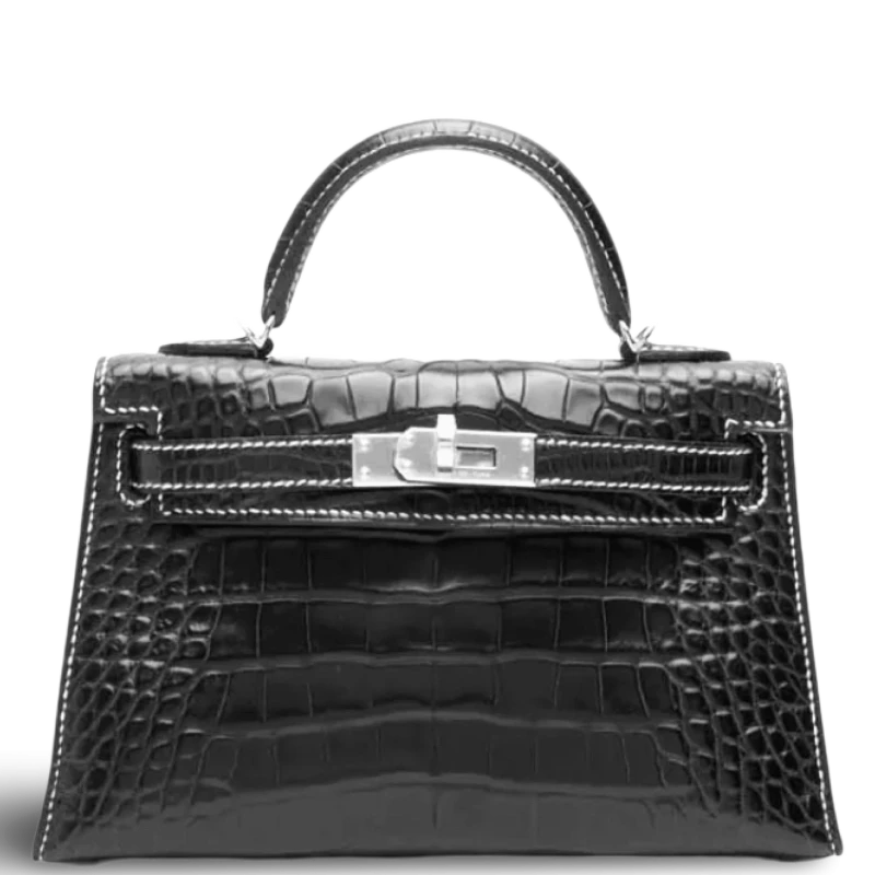 Hermès KELLY 20 MINI SPECIAL ORDER ALLIGATOR MATTE NOIR / BLANC LINES PHW K20AMN