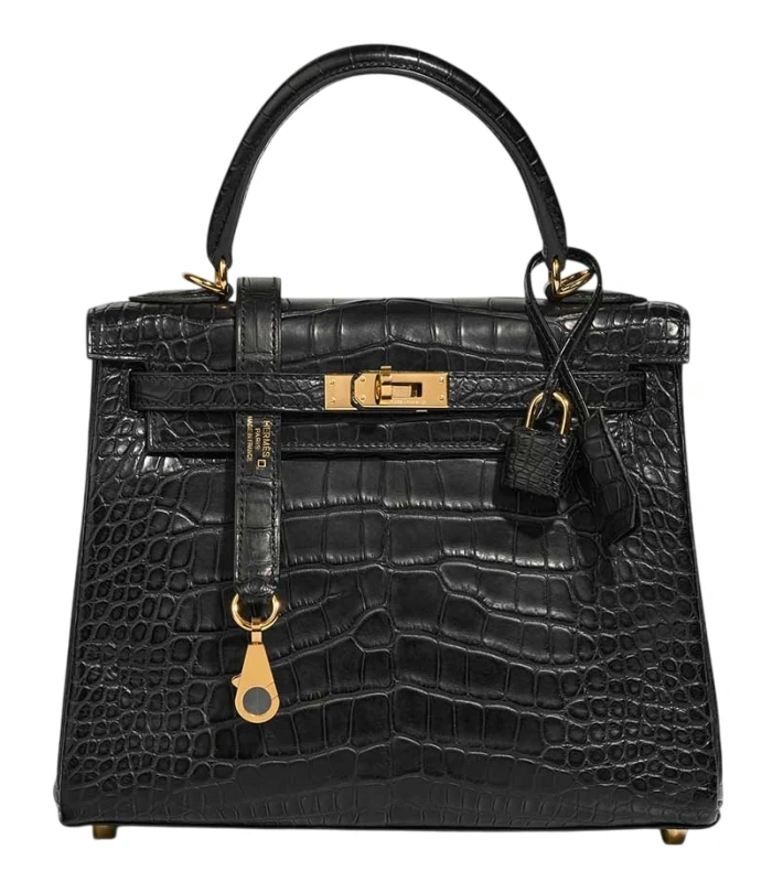 KELLY 25 ALLIGATOR MATE NOIR GHW