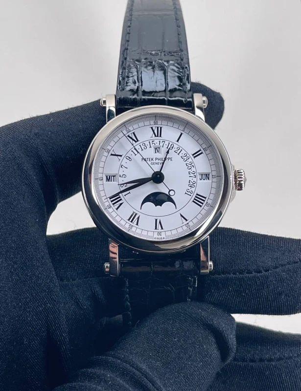 Patek Philippe Perpetual Calendar Silver Dial 18kt White Gold Black Leather Men's Watch  5059G-001 5