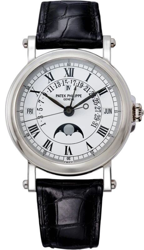 Perpetual Calendar Silver Dial 18kt White Gold Black Leather Men's Watch 