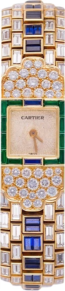 Cartier A LADY'S YELLOW GOLD SAPPHIRE, EMERALD AND DIAMOND-SET SQUARE BRACELET WATCH CIRCA 1985  111 изображение - 1