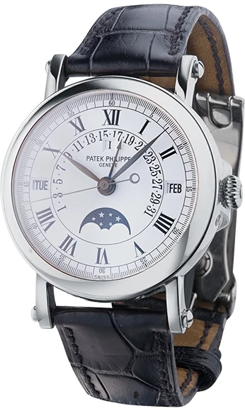 Perpetual Calendar Silver Dial 18kt White Gold Black Leather Men's Watch 