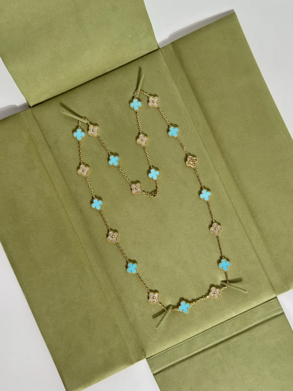Van Cleef & Arpels. Van Cleef & Arpels Vintage Alhambra 20 Motif Necklace Turquoise Diamonds & Yellow 18K Gold Hardware VCA turquoise 5