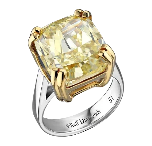 CUSHION DIAMOND 14.04 CT FANCY YELLOW/VVS2 RING (SIZE 51)