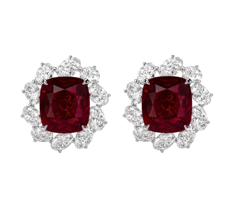 CUSHION SPINEL 5.46-5.57 CT VIVID RED  (BURMA) & OVAL DIAMONDS 6.97 D-E/VVS2-VS2 EARRINGS (GRS/GIA)