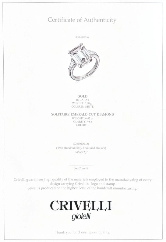 CRIVELLI SOLITAIRE EMERALD DIAMOND 6.42 CT E/VS2 RING (SIZE 49) 000-2057ns 2