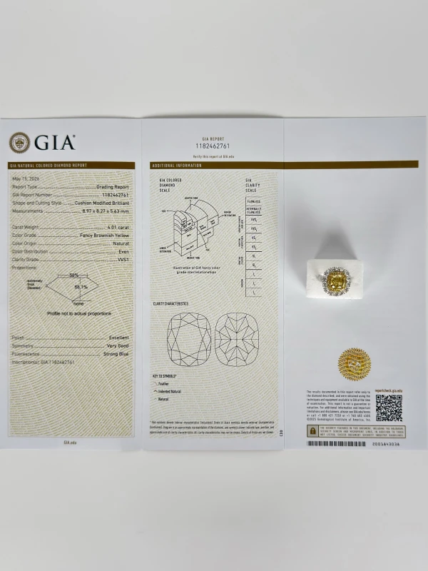 Earrings without a brand CUSHION DIAMOND 4.01 CT FANCY BROWNISH YELLOW RING (GIA) NN4.01CT 4
