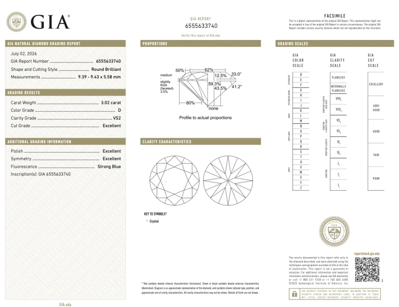 Earrings without a brand ROUND DIAMOND 3.02-3.02 CT D/VS2 EARRINGS (GIA) NN3.02-3.02CT D/VS2 3
