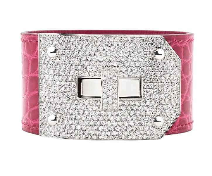 Hermes Kelly Diamond Fuchsia Crocodile Wide Cuff White Gold Bangle Bracelet (SIZE 15)