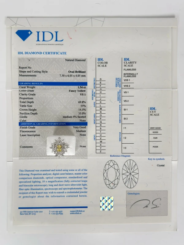 Arte Diore OVAL DIAMOND 1.54 CT FANCY YELLOW/VS1 (SIZE 54) NN1.54 4