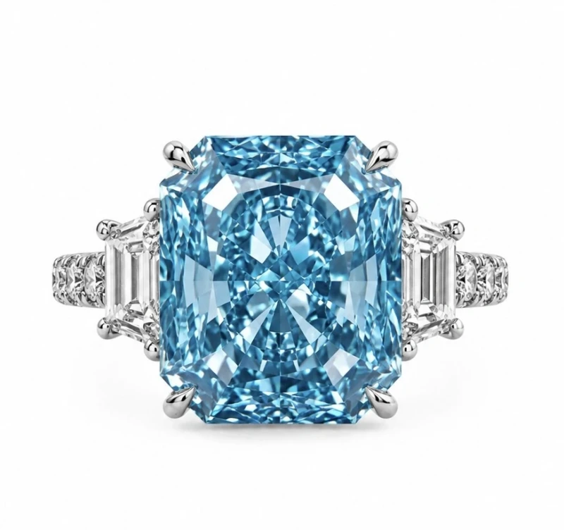 RADIANT DIAMOND 5.11 CT FANCY VIVID GREENISH BLUE*/VS1 RING (SIZE 53) GIA