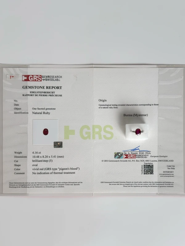DeRosa BURMA RUBY 4.16 CT PIGEON'S BLOOD (No hited) GRS R764159 5
