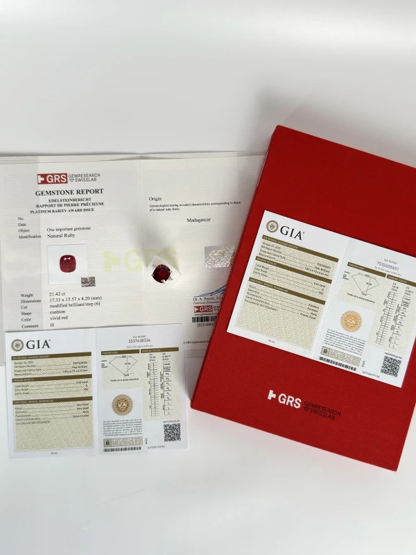 No name CUSHION RUBY 21.42 CT "VIVID RED" RING (GRS) RUBY 21.42 CT VIVID RED 7