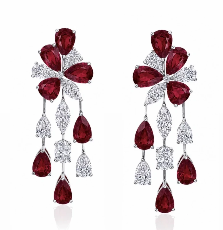 PEAR RUBY 5.56 CT "PIGEON'S BLOOD" MOZAMBIQUE & MIXCUT DIAMONDS 3.12 CT EARRINGS (GUILD)