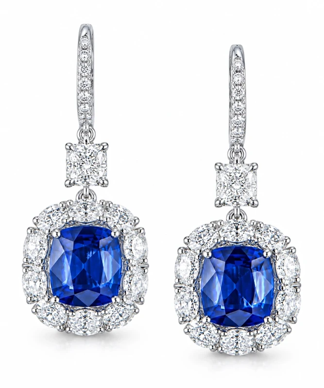 CUSHION SAPPHIRE 5.16-5.10 CT "ROYAL BLUE" EARRINGS (GRS, GIA)