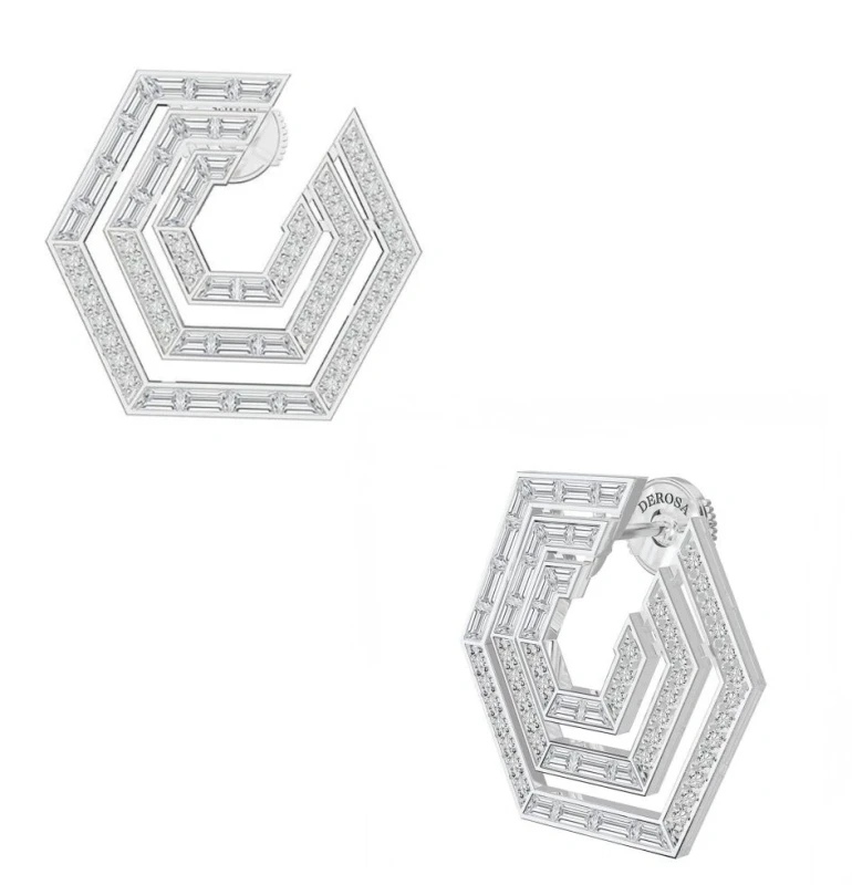 Hexagonal  Diamond Earrings in White Gold