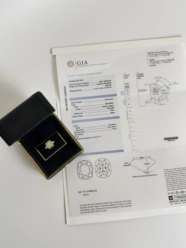 GRAFF CUSHION DIAMOND 5.76 CT FANCY LIGHT YELLOW/VVS2 RING (SIZE 51) GR5.76 CT FLY/VVS2 5