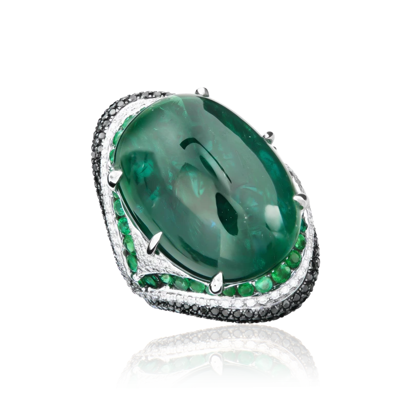 CABOCHON EMERALD 42.00 CT VIVID GREEN RING (SIZE 53)