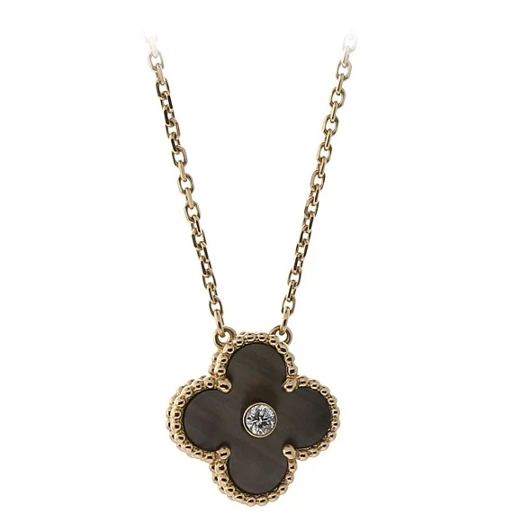 Black Mother of Pearl Diamond Gold Alhambra Necklace