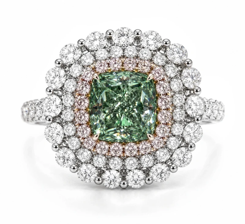 CUSHION DIAMOND 1.00 CT NATURAL FANCY LIGHT GRAYISH YELLOWISH GREEN/SI1 RING (SIZE 52) GIA