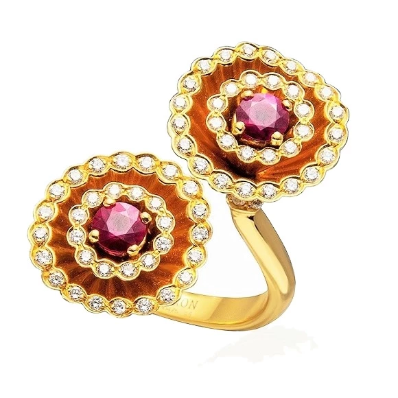 FROU FROU EXQUISITION CONFIDENCES RING, RUBIES AND DIAMONDS, YELLOW GOLD