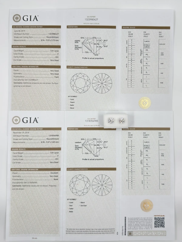 Earrings without a brand ROUND DIAMONDS 3.01-3.01 CT F/VS1 EARRINGS (GIA) 1313 3.01-3.01 CT F/VS1 8
