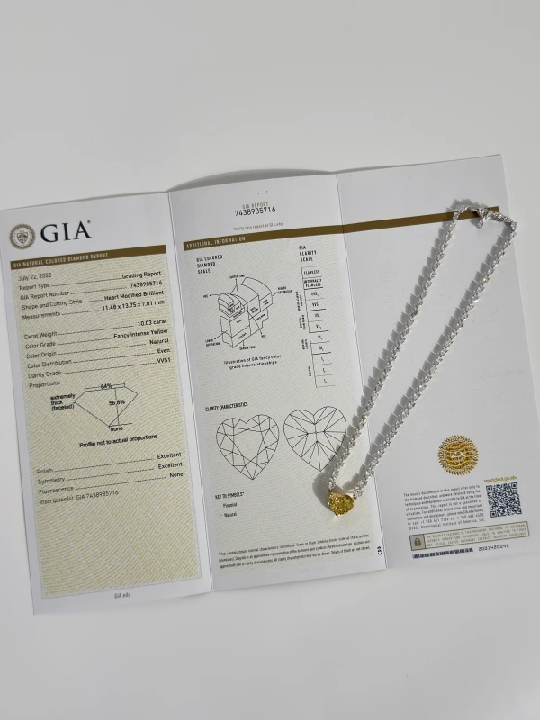 DeRosa HEART DIAMOND 10.03 CT FANCY INTENSE YELLOW /VVS1 NECKLACE (GIA) P17081242B 7