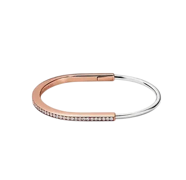 Tiffany Lock Narrow Bangle in Rose and White Gold with Half Pavé Diamonds