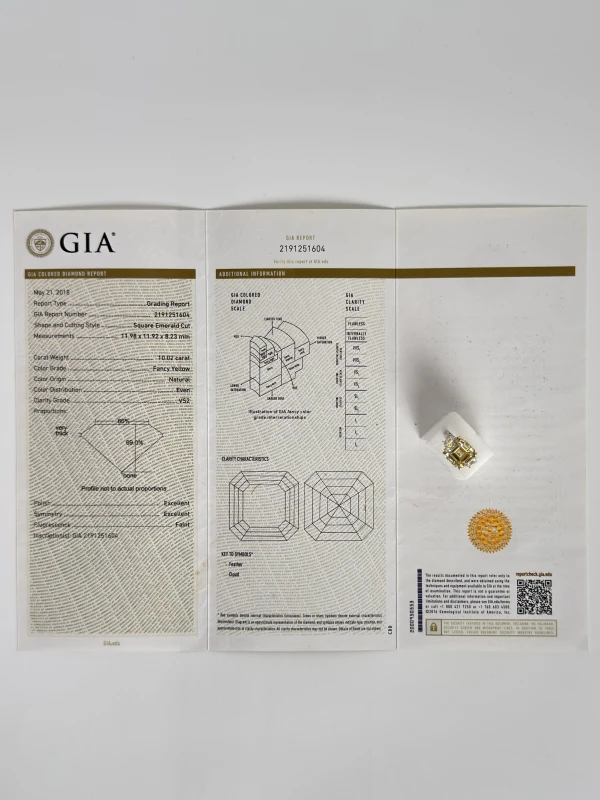 No name SQUARE EMERALD DIAMOND 10.02 CT FANCY YELLOW/VS2 RING (GIA) 219604 10.02 FY/VS2 5