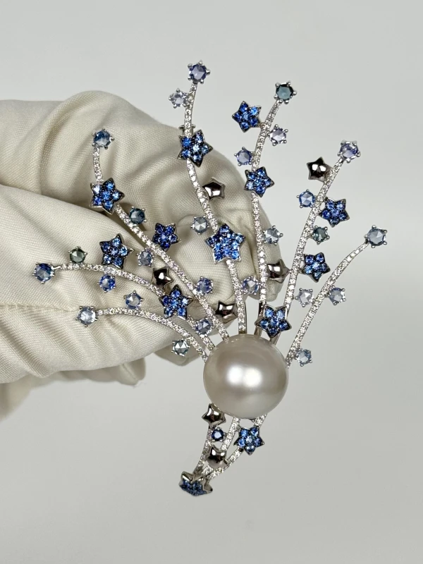 RalfDiamonds SAPPHIRES & DIAMOND, PEARL BROOCH, WHITE GOLD RD257 2