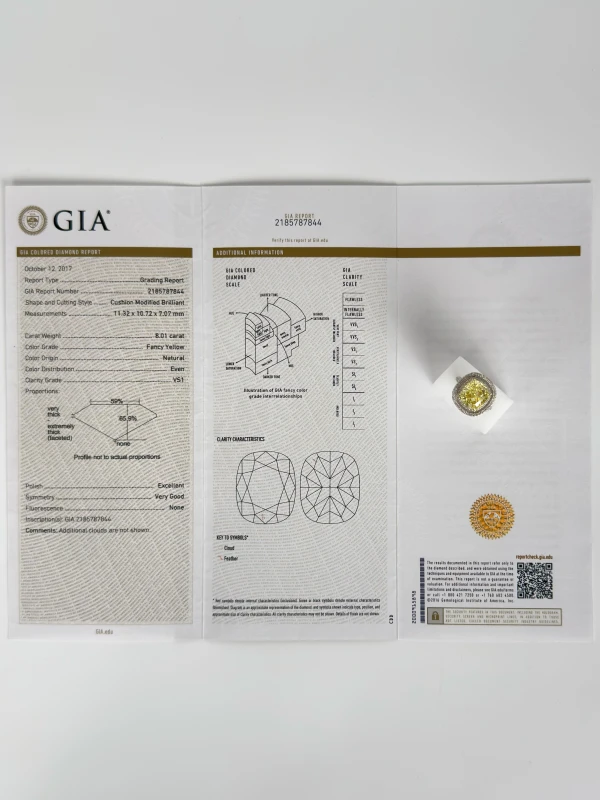 No name CUSHION DIAMOND 8.01 CT FANCY YELLOW/VS2 RING (GIA) 218844 5